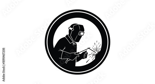 A circular emblem displays a welder working sparks flying depicted in a striking black silhouette high quality professional detailed modern elegant