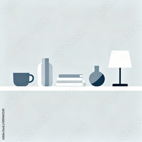 Minimal lifestyle illustration showing a few neatly arranged abstract daily objects in sequence, in a flat Scandinavian style, with a cold neutral palette.eps
