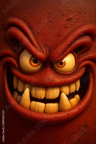 Fierce monster face snarls, glowing eyes and sharp teeth in dark hyperreal style artwork closeup raw