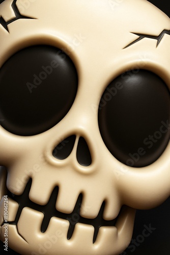 A cute cartoon skull with big hollow eyes and cracks, smiling slightly in a dark, spooky mood.