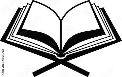 Open Quran icon on rehal, Islamic holy book symbol, Muslim religion education concept, black white vector illustration isolated