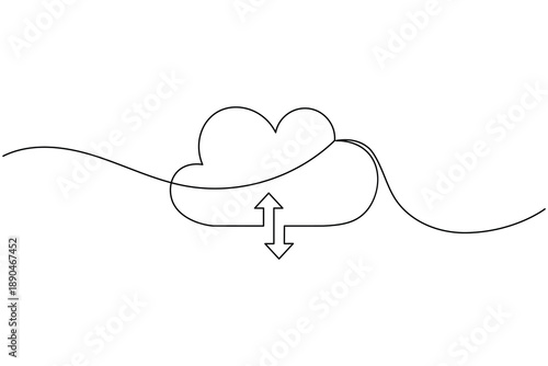 Auto backup cloud with upload and download arrow icon continuous one line drawing on white background minimalist data sync and storage symbol outline vector illustration