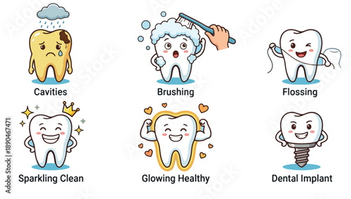 Happy Teeth Cartoon Illustration of Brushing, Flossing, and Dental Care Stages, dental, dental care, oral hygiene, tooth, teeth, clean teeth, healthy teeth, brushing teeth, flossing, dental floss, 