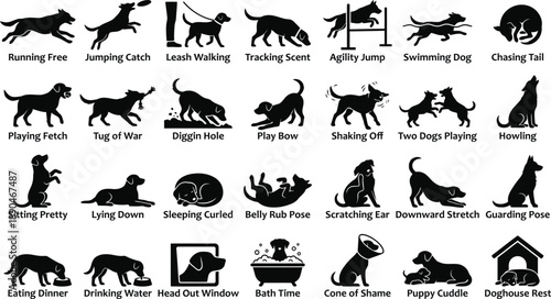This large collection of dog silhouettes illustrates common canine actions and daily behaviors.