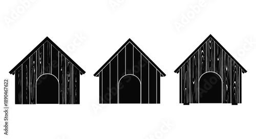 Three identical dog houses are depicted in a striking black silhouette against a white background silhouette high quality professional detailed modern