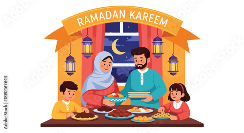 Muslim family preparing iftar together during Ramadan, modern flat vector illustration celebrating togetherness, faith, generosity, and festive Islamic lifestyle