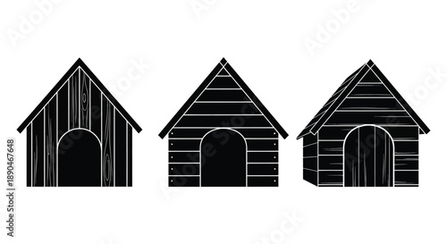 Three black dog houses are displayed in a row showcasing a simple graphic design style silhouette high quality professional detailed modern