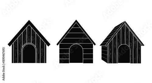 Three black dog houses are depicted in a minimalist style showcasing a striking contrast and bold silhouette high quality professional detailed
