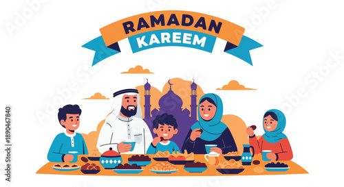 Family People breaking fast together outdoors at sunset during Ramadan, modern flat vector showing unity, community spirit, and joyful Islamic celebration