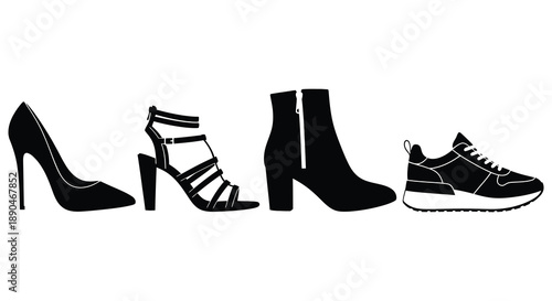 A collection of four different shoe styles are presented in a stark black silhouette high quality professional detailed modern elegant stylish