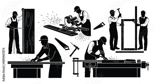 A collection of carpenters and woodworkers engaged in various tasks depicted in a striking black silhouette high quality professional detailed modern