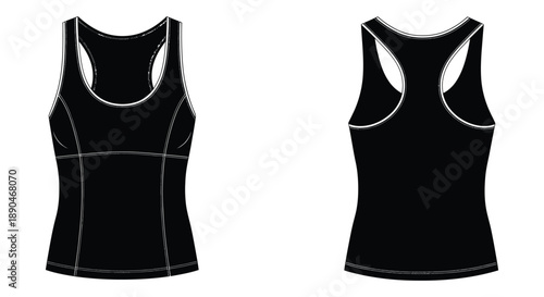 Technical illustration displaying a black racerback tank top from both front and back views a minimalist silhouette high quality professional detailed