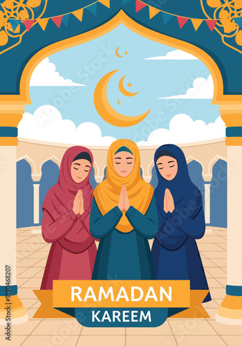 People praying together in a mosque courtyard during Ramadan, modern flat vector illustration showing spirituality, unity, and peaceful Islamic tradition