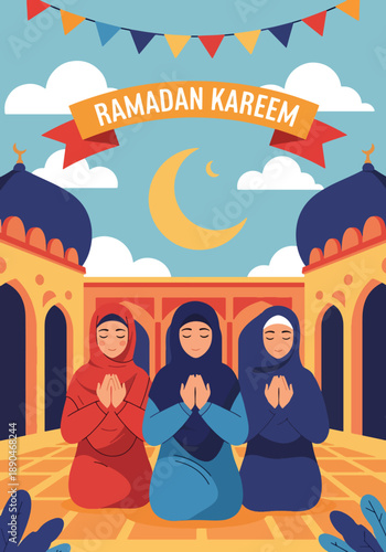 People praying together in a mosque courtyard during Ramadan, modern flat vector illustration showing spirituality, unity, and peaceful Islamic tradition