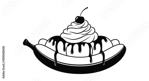 A black and white illustration depicts a banana split with whipped cream and cherry presented as a striking silhouette high quality