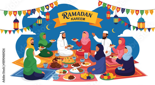 Community sharing food during Ramadan iftar in an open courtyard, modern flat vector illustrating generosity, unity, and festive Islamic culture