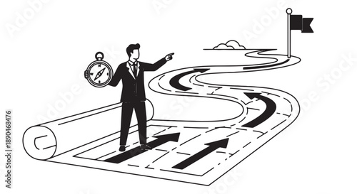 Businessman standing on roadmap with multiple paths holding clock and choosing direction