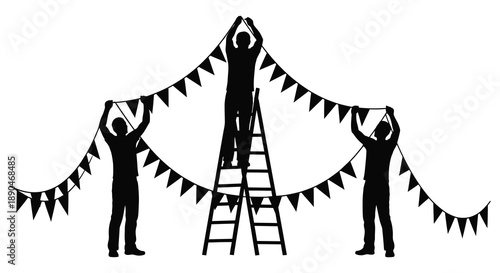 Three figures on a ladder decorate with festive bunting creating a celebratory atmosphere presented as a silhouette high quality professional detailed