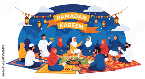 Community sharing food during Ramadan iftar in an open courtyard, modern flat vector illustrating generosity, unity, and festive Islamic culture