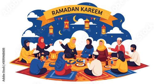 Community sharing food during Ramadan iftar in an open courtyard, modern flat vector illustrating generosity, unity, and festive Islamic culture