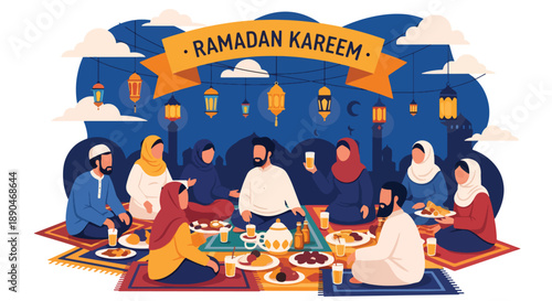 Community sharing food during Ramadan iftar in an open courtyard, modern flat vector illustrating generosity, unity, and festive Islamic culture