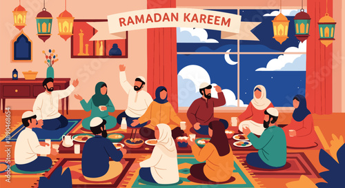 Community sharing food during Ramadan iftar in an open courtyard, modern flat vector illustrating generosity, unity, and festive Islamic culture