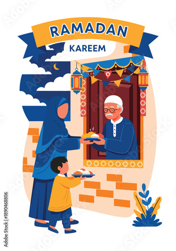 Mother and child giving food to neighbors during Ramadan, modern flat vector showing kindness, generosity, and Islamic values of sharing