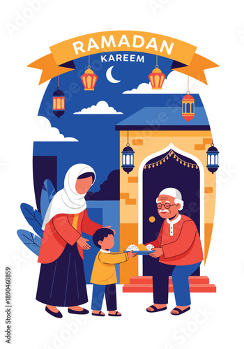 Mother and child giving food to neighbors during Ramadan, modern flat vector showing kindness, generosity, and Islamic values of sharing