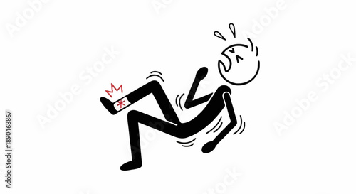 Stick figure falling and hurting ankle with pain symbol.