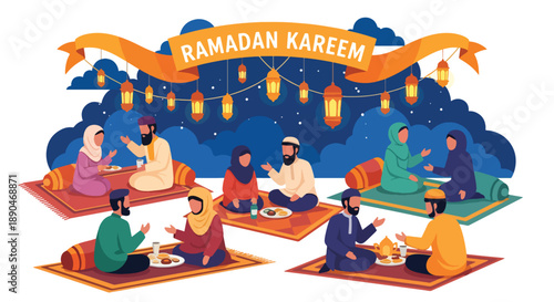 Community sharing food during Ramadan iftar in an open courtyard, modern flat vector illustrating generosity, unity, and festive Islamic culture