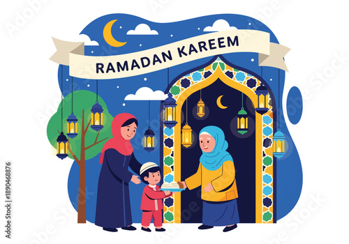 Mother and child giving food to neighbors during Ramadan, modern flat vector showing kindness, generosity, and Islamic values of sharing
