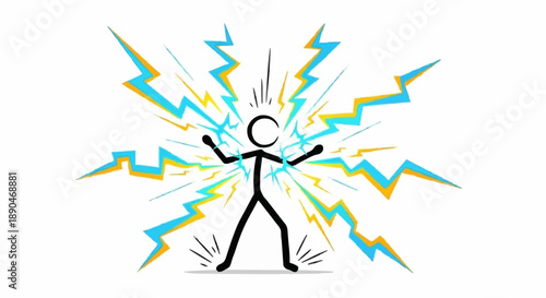 Stick figure exploding with energy and lightning bolts.