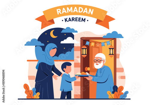 Mother and child giving food to neighbors during Ramadan, modern flat vector showing kindness, generosity, and Islamic values of sharing