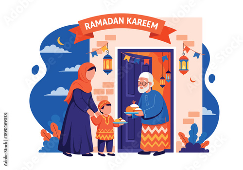 Mother and child giving food to neighbors during Ramadan, modern flat vector showing kindness, generosity, and Islamic values of sharing