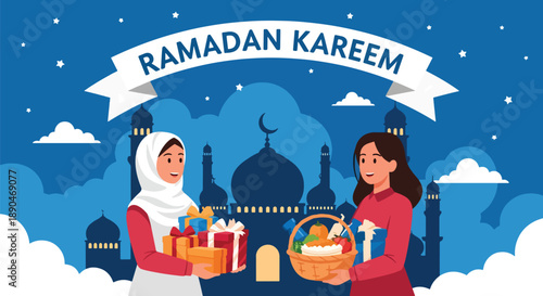 Friends exchanging gifts and food baskets during Ramadan night, modern flat vector illustrating joy, friendship, and festive Islamic tradition