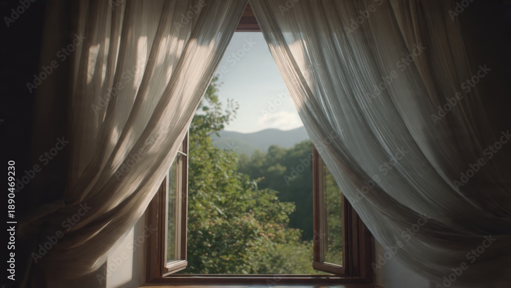 Obraz premium Open Window View with Flowing Curtains