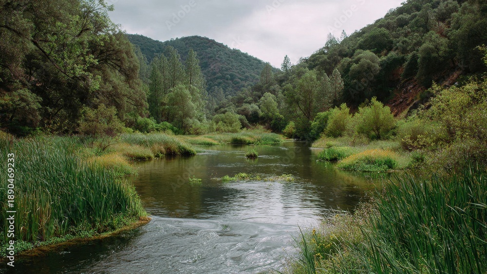 Fototapeta premium Peaceful river flowing through green valley