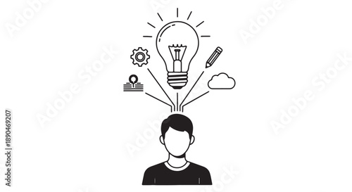 Man with creative ideas and inspiration coming out of his head with light bulb and symbols