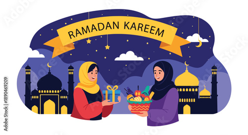 Friends exchanging gifts and food baskets during Ramadan night, modern flat vector illustrating joy, friendship, and festive Islamic tradition