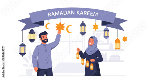 Couple decorating their home with lanterns for Ramadan, modern flat vector celebrating preparation, joy, and Islamic festive lifestyle