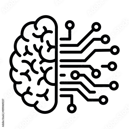 Human Brain and Digital Circuit Board Icon. Editable Stroke.
