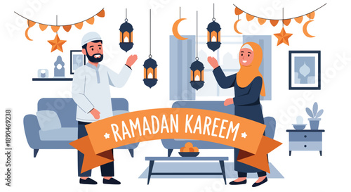 Couple decorating their home with lanterns for Ramadan, modern flat vector celebrating preparation, joy, and Islamic festive lifestyle