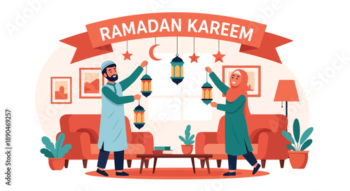 Couple decorating their home with lanterns for Ramadan, modern flat vector celebrating preparation, joy, and Islamic festive lifestyle