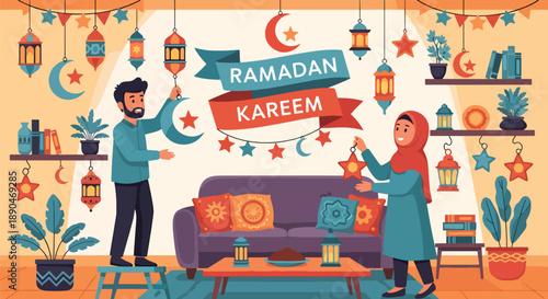 Couple decorating their home with lanterns for Ramadan, modern flat vector celebrating preparation, joy, and Islamic festive lifestyle