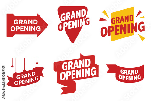 Collection of vibrant grand opening signs and banners in red and yellow
