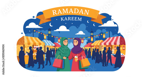 People shopping at Ramadan night market under lanterns, modern flat vector illustrating festive spirit and Islamic cultural celebration