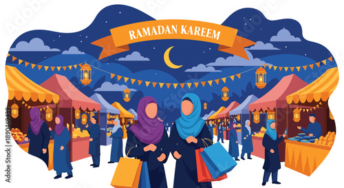 People shopping at Ramadan night market under lanterns, modern flat vector illustrating festive spirit and Islamic cultural celebration