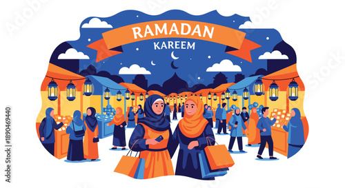 People shopping at Ramadan night market under lanterns, modern flat vector illustrating festive spirit and Islamic cultural celebration
