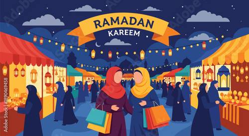 People shopping at Ramadan night market under lanterns, modern flat vector illustrating festive spirit and Islamic cultural celebration