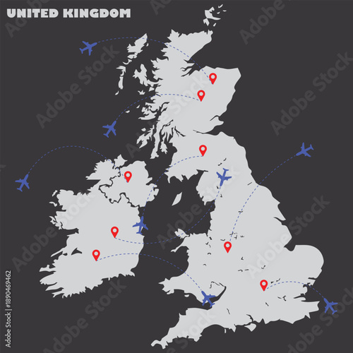 United Kingdom map with location pins and flight paths. Clean vector illustration showing travel routes and destinations. Ideal for tourism, navigation, and logistics concepts.